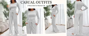 Ensemble de loisirs 2 pièces pour femme haut à manches longues et pantalon large gris automne