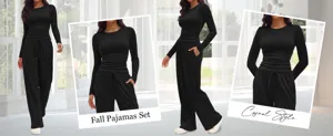 Ensemble de pyjama femme couleur unie haut manches longues et pantalon large taille haute.