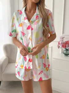 Ensemble pyjama court femme ete chemise boutons short imprime fruits vetement de nuit maison