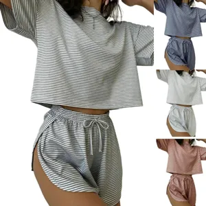 Casual striped knit pajama set with short sleeve top and shorts for women daily wear.