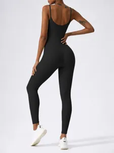 Women's black ribbed one-piece yoga jumpsuit, casual fitness activewear, sleeveless romper.