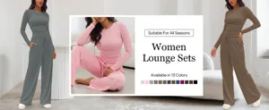 Ensemble lounge femme manches longues uni col rond haut taille haute pantalon large chic