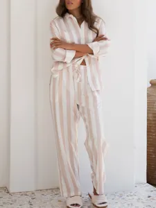 Ensemble pyjama rayé femme manches longues loungewear décontracté bouton haut pantalon