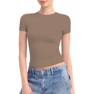 Damen Casual Einfarbig Kurzarm T-Shirt Figurbetont Rundhals Basic Polyester Milchseide Sommer Top