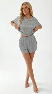 Detailed view of women's knit striped short sleeve top and shorts lounge set for cozy wear.