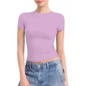 Damen lässiges Kurzarm Rundhals Crop Top Slim Fit basic einfarbiges Sommer T-Shirt