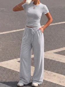 Women Grey Casual Short Sleeve Top and Drawstring Wide Leg Lounge Pants Set Spring