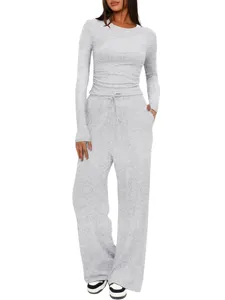 Femme haut manches longues unicolore avec taille haute pantalon large ensemble de loisir