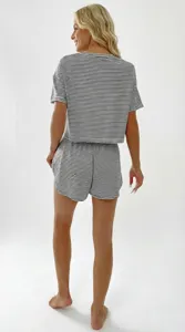 Back view of a casual black and white striped short sleeve loungewear set detail shot.