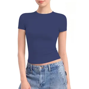 Damen einfarbig Rundhalsausschnitt Kurzarm Basic T-Shirt schmal geschnittenes Sommer Top