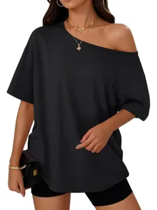 Close-up detail shot of the stylish black off-shoulder loose short sleeve tee for women.
