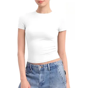 Damen einfarbig Rundhals Kurzarm Basic schmal geschnitten lässiges T-Shirt für den Sommer.