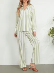 Ensemble pyjama rayé vert et blanc femme manches longues vetement de detente chic