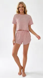 Close-up detail of women's red-white striped knit pajama set with soft short sleeves.
