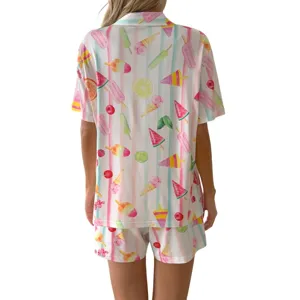 Femme ete pastel rayure creme glace fruit imprime chemise manche courte short pyjama
