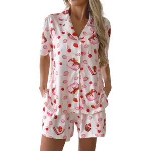 Ensemble pyjama court femme été rayure rose impression fraise chemise short de nuit chic