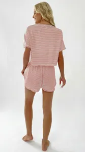 Women red white striped knit pajama set short sleeve loose shorts casual loungewear.
