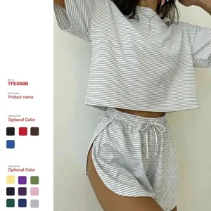 Grey striped knit short sleeve top and shorts lounge set, casual summer two-piece clothing.