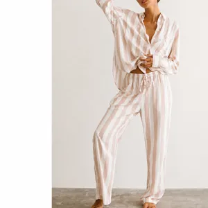 Ensemble Pyjama Rayé Femme Manches Longues Casual Ample Vêtement Nuit Printemps Automne