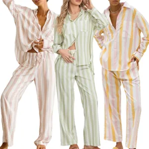 Ensemble pyjama femme rayé à manches longues chemise ample et pantalon de détente