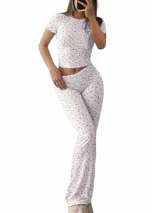 Women casual 2 piece set short sleeve crop top and flared pants with cute cherry print Y2K.