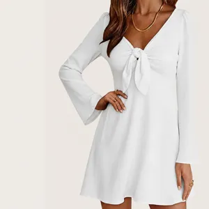 Vestido Corto Mujer Manga Larga Cuello en V Lazo Delante Ajustado Arrugado Color Sólido Casual