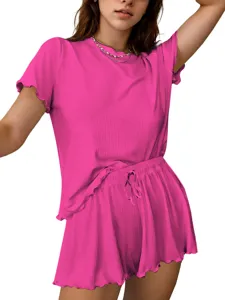 Hot pink ribbed knit short sleeve top and drawstring shorts pajama set for women summer.