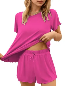 Women ribbed pajama set short sleeve top and drawstring shorts summer lounge wear outfit
