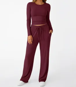 Women solid color crewneck long sleeve top and wide leg sweatpants lounge set casual.