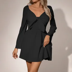 Mujer vestido corto negro manga larga cuello V con lazo elegante moda casual fiesta