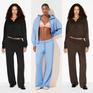 European Style Women Top And Bottom Long Sleeve Zipper Hooded Sweatshirt And Loose Wide Leg Pants Casual Sports Suit