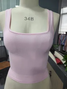 Women pink ribbed square neck tank top slim fit casual sleeveless crop top summer streetwear