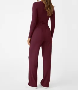Burgundy long sleeve casual lounge set back view showcasing comfortable fit and soft fabric.