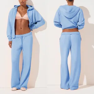 Light blue women's zip-up hoodie and matching sweatpants casual two-piece tracksuit set.