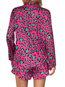 Dames lange mouw pyjama set roze groene panterprint nachtmode schattige loungewear