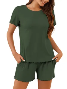 Close-up of green ribbed lounge set featuring short sleeves and pockets for comfort.