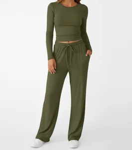 Olive green long sleeve top and loose drawstring pants loungewear set detail view showcase.