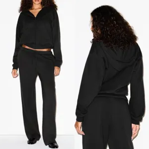 Women black fleece zip-up hoodie and sweatpants casual sportswear lounge track suit set