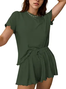 Women's 2-piece ribbed knit pajama set short sleeve top and drawstring shorts for summer.