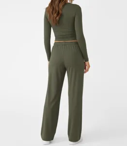 Army green solid crewneck long sleeve crop top and wide leg lounge pants yoga activewear set