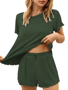 Women ribbed knit lounge set short sleeve top and drawstring shorts green summer pajamas