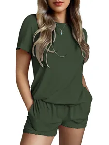 Detailed view of the dark green ribbed knit short sleeve top and shorts lounge set.