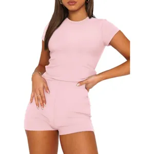 Pink short sleeve top and shorts set detail, casual loungewear outfit for women spring summer.