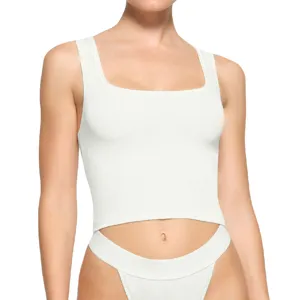 White ribbed square neck crop top for women, trendy summer casual camisole vest basic tee.