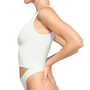 Women white ribbed crop tank top, casual square neck slim fit summer sleeveless shirt.