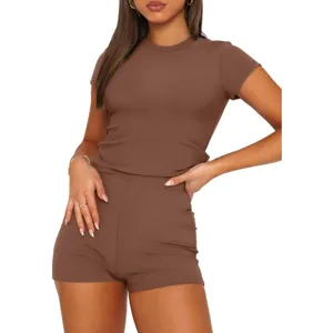 Solid ribbed short sleeve top and high waist shorts matching set for women casual wear brown
