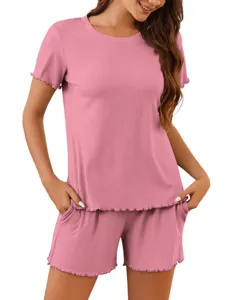 Women's pink ribbed knit short sleeve pajama set with lettuce trim loungewear for summer.