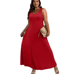 Plus size solid red sleeveless maxi dress for women elegant casual summer long tank dress