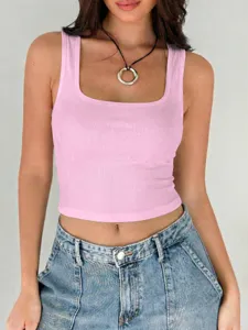 Pink square neck ribbed crop tank top for women summer casual stylish sleeveless apparel.