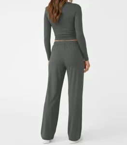Detailed view of the solid gray long-sleeve crop top and matching casual pants set.